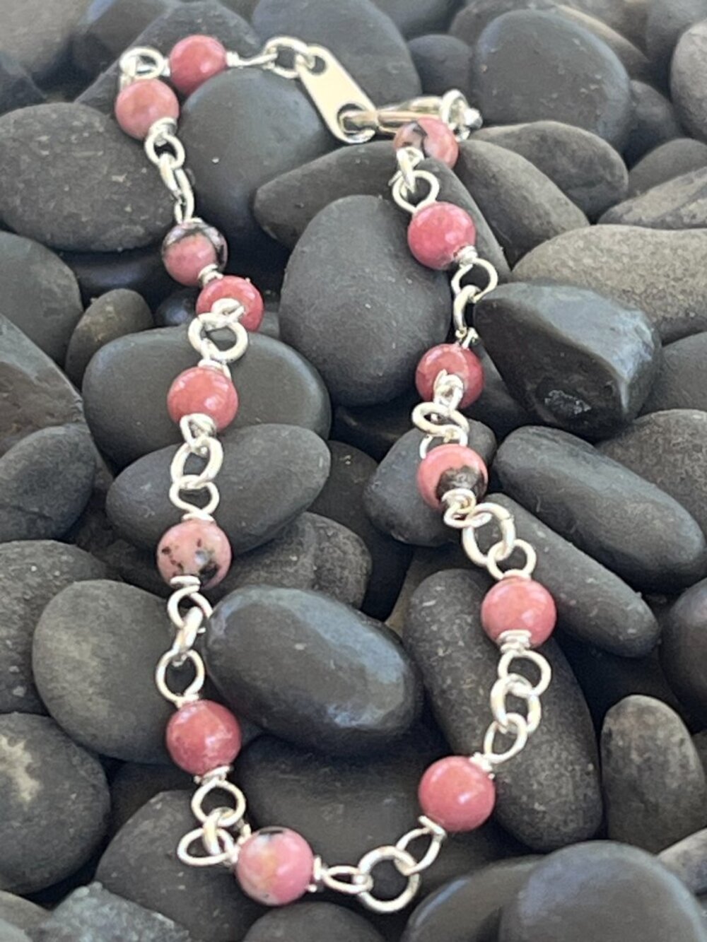 Rhodonite Gemstone Bracelet | Pink Stone Chain Bracelet | Minimalist Jewelry